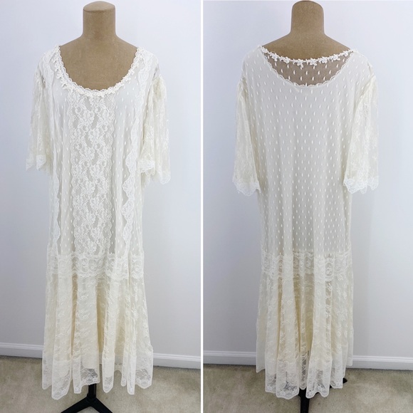 Vintage 80s Sue Brett White Lace Flutter Sleeve Drop Waist Shift Midi Dress - Picture 2 of 10